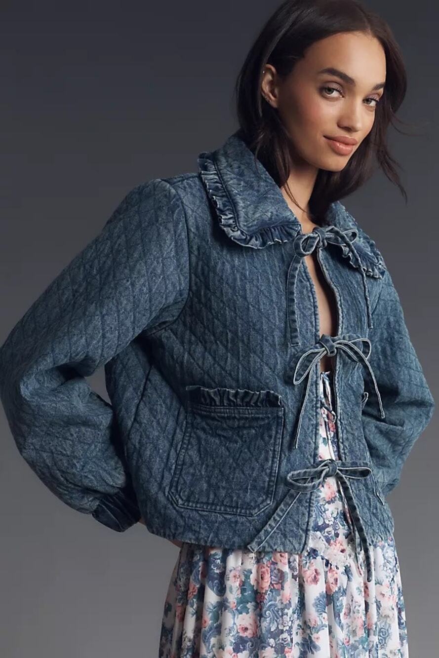 NWT Avec Les Filles Anthropologie The Maura Bow Tie Denim Jacket Twee Coquette M
